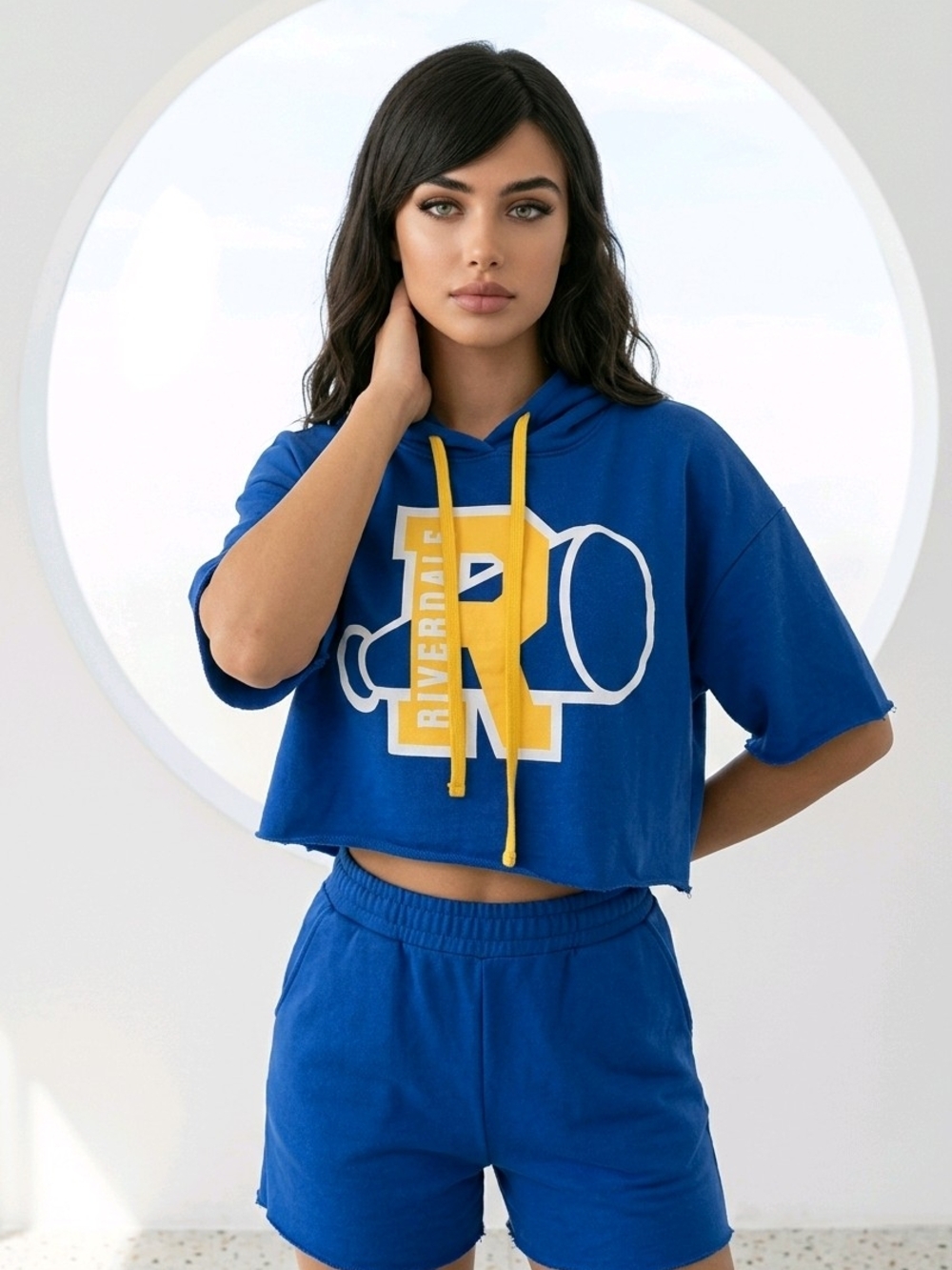 Riverdale Blue Cropped Hoodie with Yellow Drawstrings Sz Xl